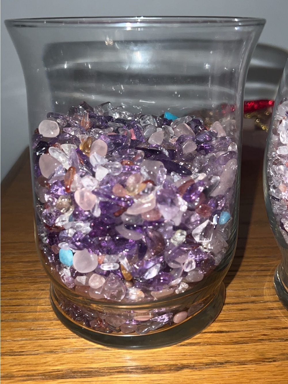 Decorative Glass Vases Filled with amethyst, rose, clear, strawberry fire quartz